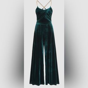 New Cider Velour Ruched Jumpsuit Dark Green Gold Detail Size Large